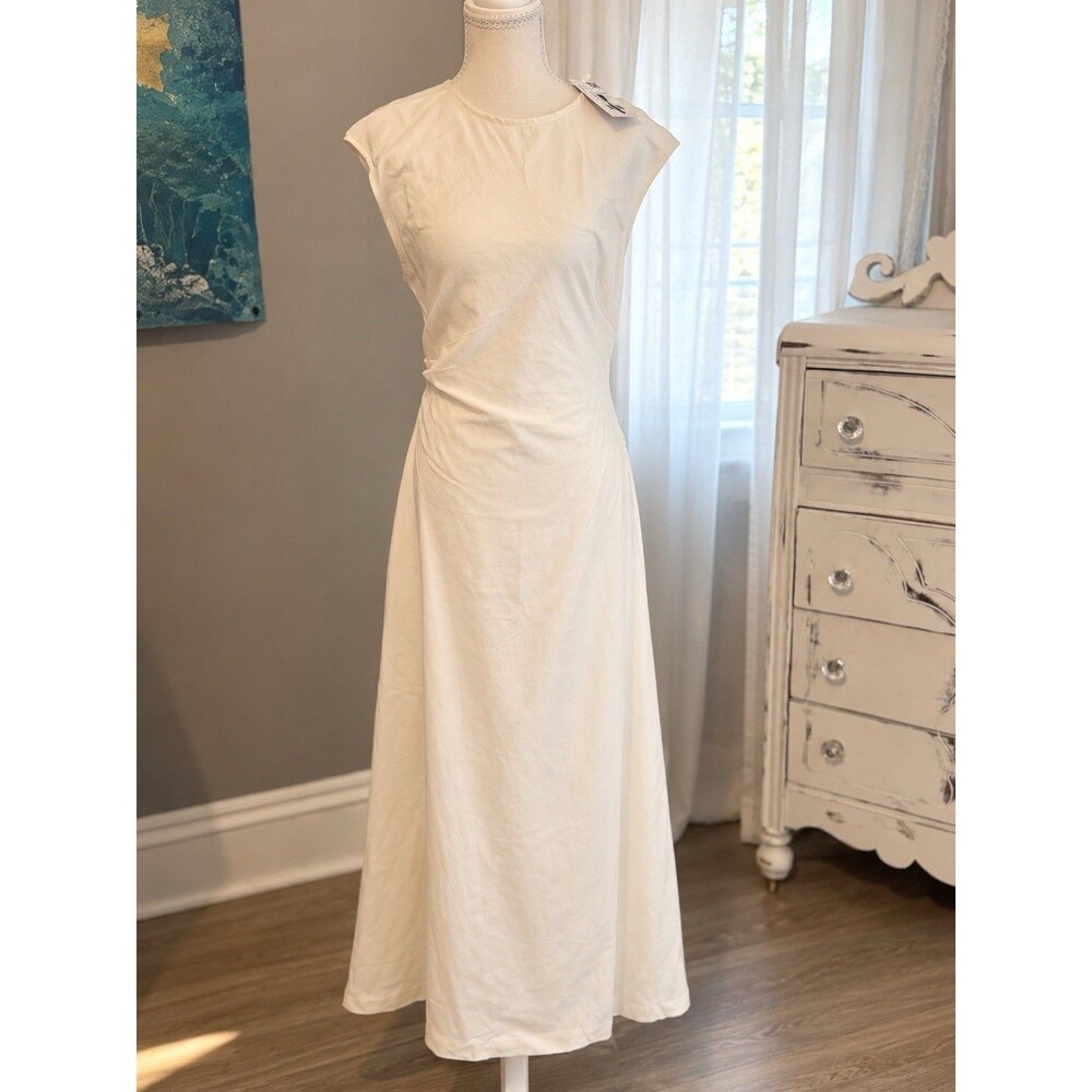 MNG Mango Size 6 Cream Sleeveless Button Front Dress V-Neck A-Line Minimalist